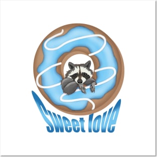 Sweet Love Cute raccoon and Yummy donut Blue Posters and Art